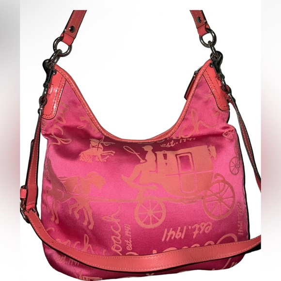 AUTHENTIC COACH HORSE & CARRIAGE HOBO BAG PURSE SATIN LEATHER ORANGE/PINK_RARE - Picture 4 of 9